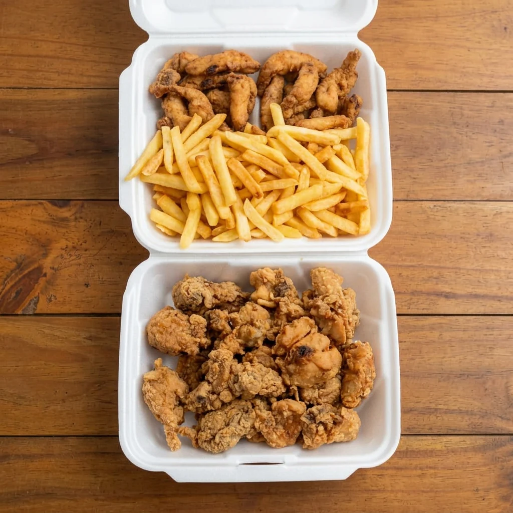Porções reais de frango frito e batata frita