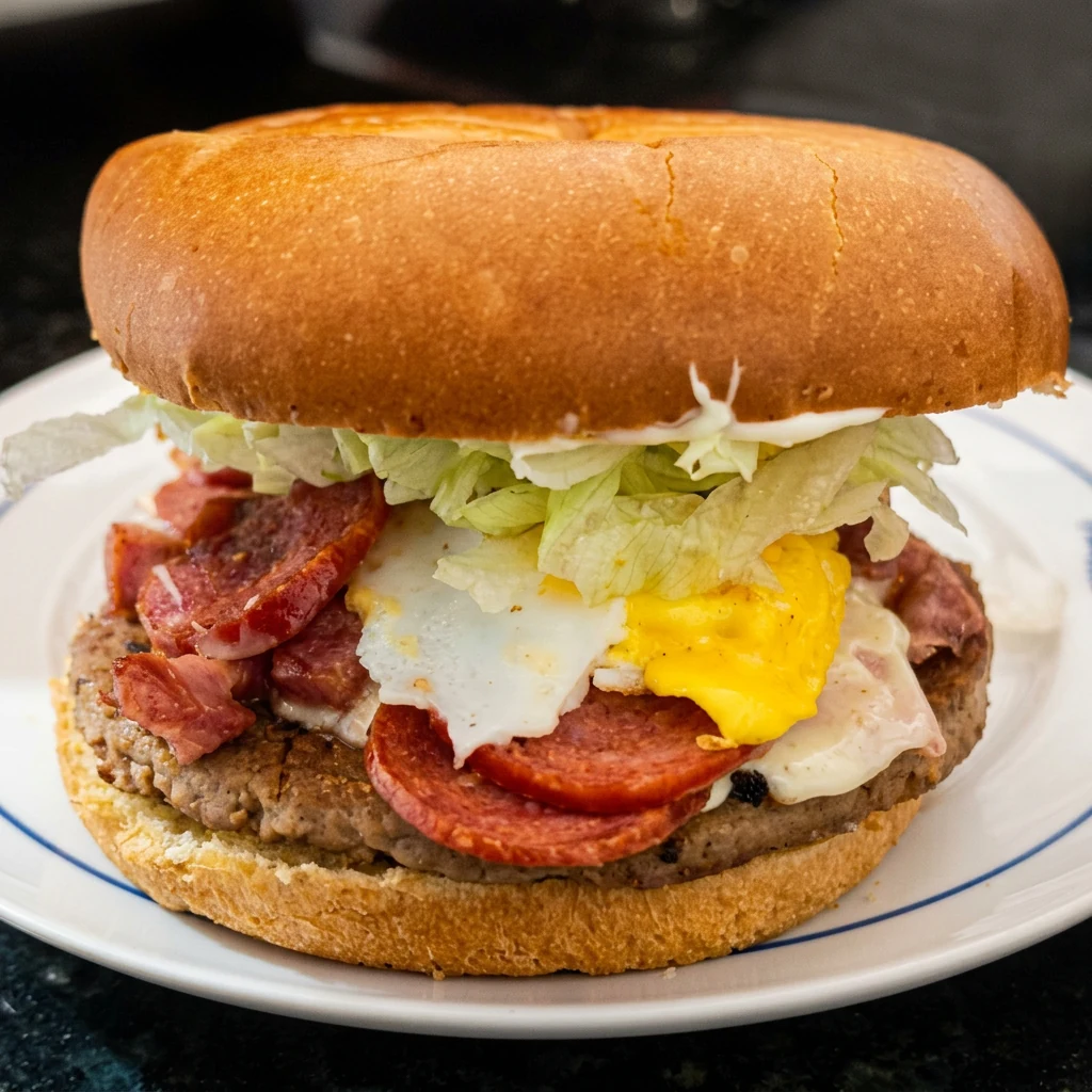 Hambúrguer artesanal real do Império do Sid com carne, bacon, ovo e salada